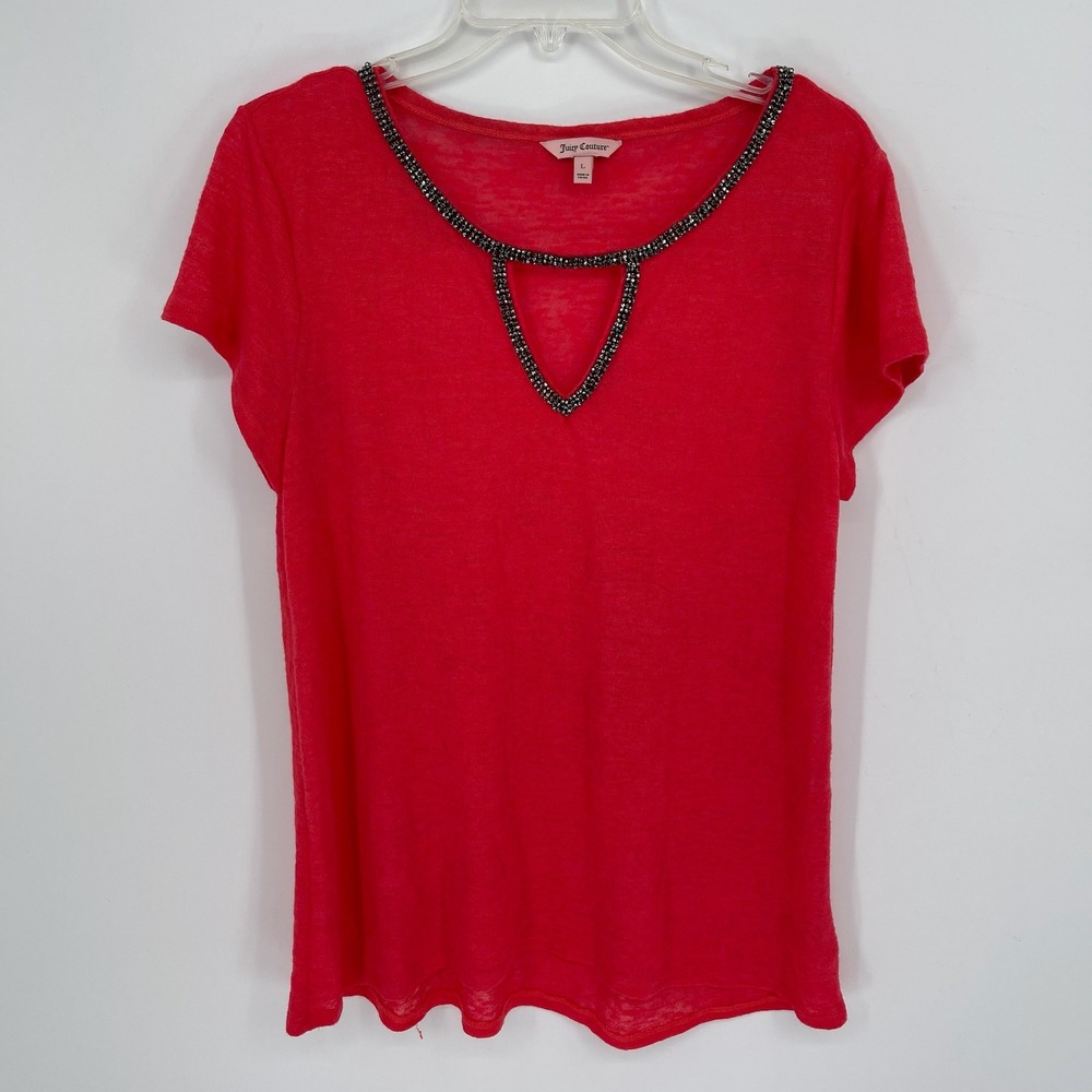Juicy Couture Women's Red Beaded Keyhole Slub Knit Top Size Large